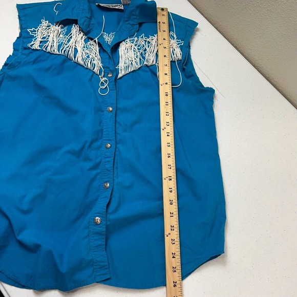 Dakota Rodeo Women Embroidered Button Down Shirt Sleeveless Blue Medium Fringe - Picture 10 of 11